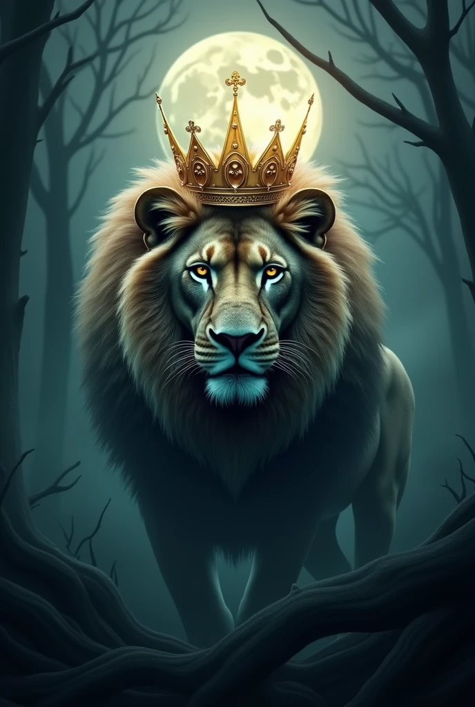 Lion head,crown,black,gold,moon,fog,mystical touch,DARK mystic forest in Background