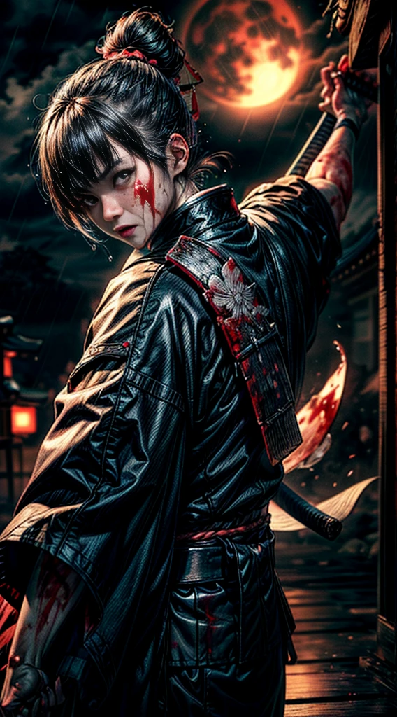 [object Object], (Detailed face features:1.3),1woman,delicate face,bright eyes,beautiful face,((japanese princess)),in the palace,japanese architecture,flames of war raging everywhere,((fighting stance:1.2)),((blunt bangs)),outdoor,((wet clothes)),wet skin,((stormy rain:1.3)),cloudy sky,((Japanese Warring States  samurai clothing:1.3)),red color sky,((full-moon:1.2)),at night,fierce wind,dynamic shot,black hair,long hair, ,Phoenix patterned clothing,
(RAW photo, 16k, masterpiece, best quality: 1.2), (ultra realism, hyper detailed and intricate realism: 1.3), (wide depth of field, radiant mapping, ray tracing, god rays: 1.2), High dynamic range, vivid, rich details, clear shadows and highlights, realistic, intense, enhanced contrast,(((samurai sword in hand))),((blood on face:1.3)),((damaged clothing:1.3)),HDR,natural lighting,chignon,strong gaze