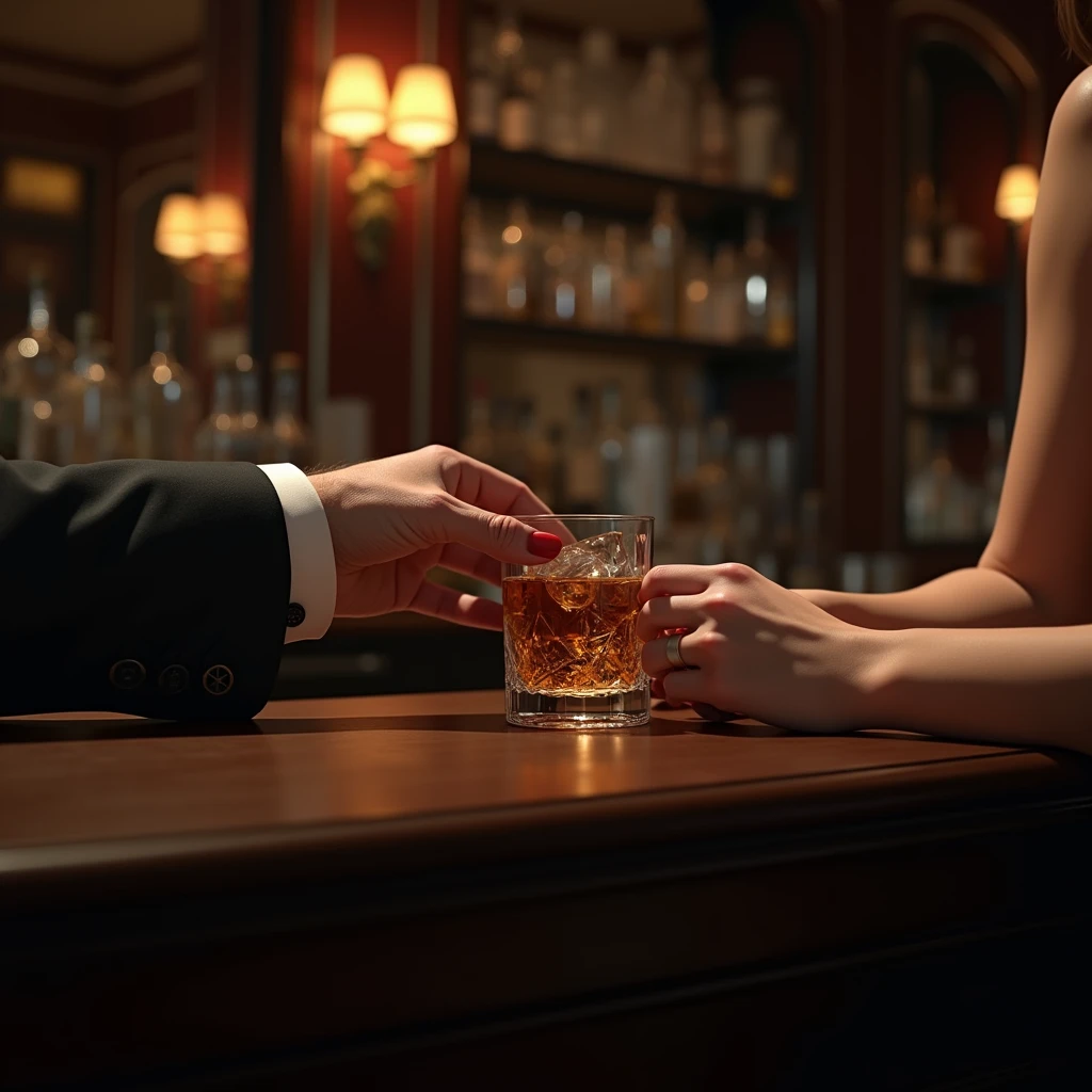 Bar counter, man's hand in a suit, female bartender's hand handing over a rock glass, female bartender's bare arm