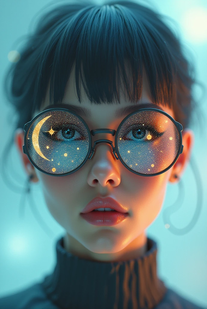 The model is wearing glass sunglasses with stars and the moon on the glass