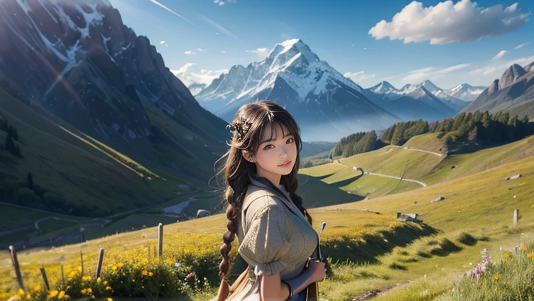 A veiled girl sits on a chair while enjoying the view against the mountains, background, nature, real reality ,Face focus, detail face,
