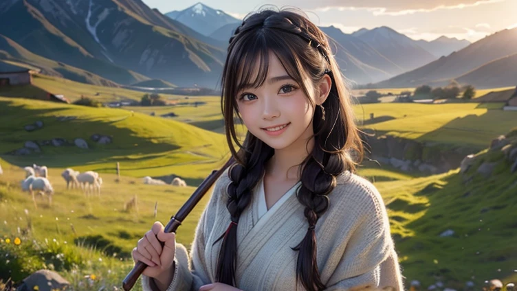 (8k, RAW photo, best quality, masterpiece), (photorealistic), outstanding details, ultra-high resolution, anatomically correct, textured skin, (Extremely precise and accurate anatomy),
Ultra Detailed Face, Detailed Eyes, 
look at viewer, 

(close shot, long shot mix and match:1.2),

One girl, (shepherd girl) , Cute Japanese girl , 20-year-old, 
(light smile),  (Mouth slightly open) , holding a Shepherd's Crook, 
Side braids, Brown Hair,
curvy, beautiful breasts, 

(Hilly pasture), many sheep, Beautiful mountains in the distance, grassland, wilderness,  

Background blur, far and near method, 
morning sun, (backlighting), 
reflection light from below, 
atmospheric perspective, depth of field, 
(dramatic lighting), cinematic lighting, 
Artistic, Baroque, Cinematography, 