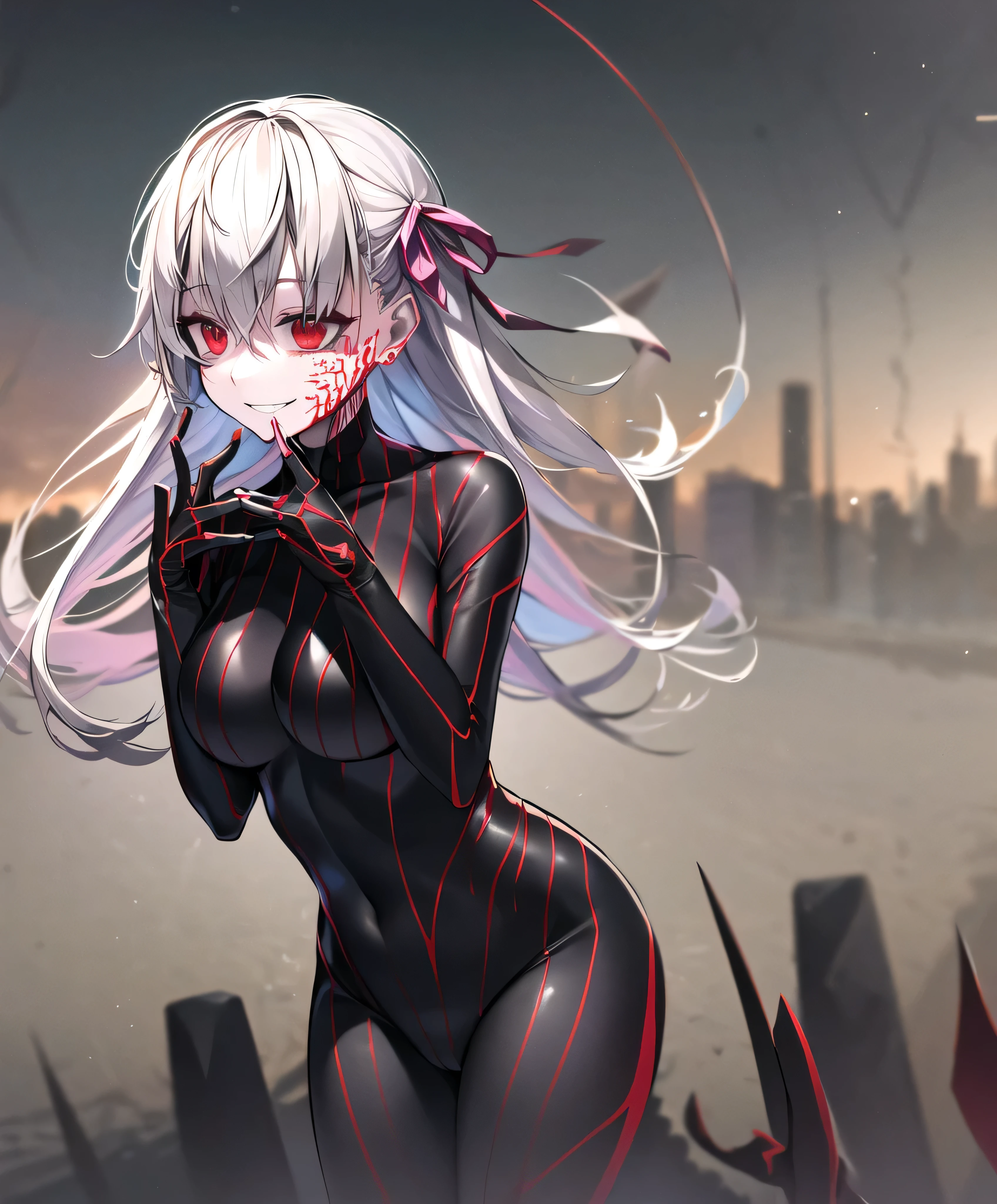 ((masterpiece,Highest quality, detailed)), One girl, alone,
Outdoor, night, Cityscape, Portraiture, Cowboy Shot, Dark Sakura,Wicked Smile， Anxious smile, Hair Ribbon, Hollow Eyes, Plug Suit, Bodysuits, black Bodysuits, Pause, Fits perfectly to the skin, Striped, cyber punk, Put your finger to your mouth, Body pattern,shaded face(eyes in shadow)