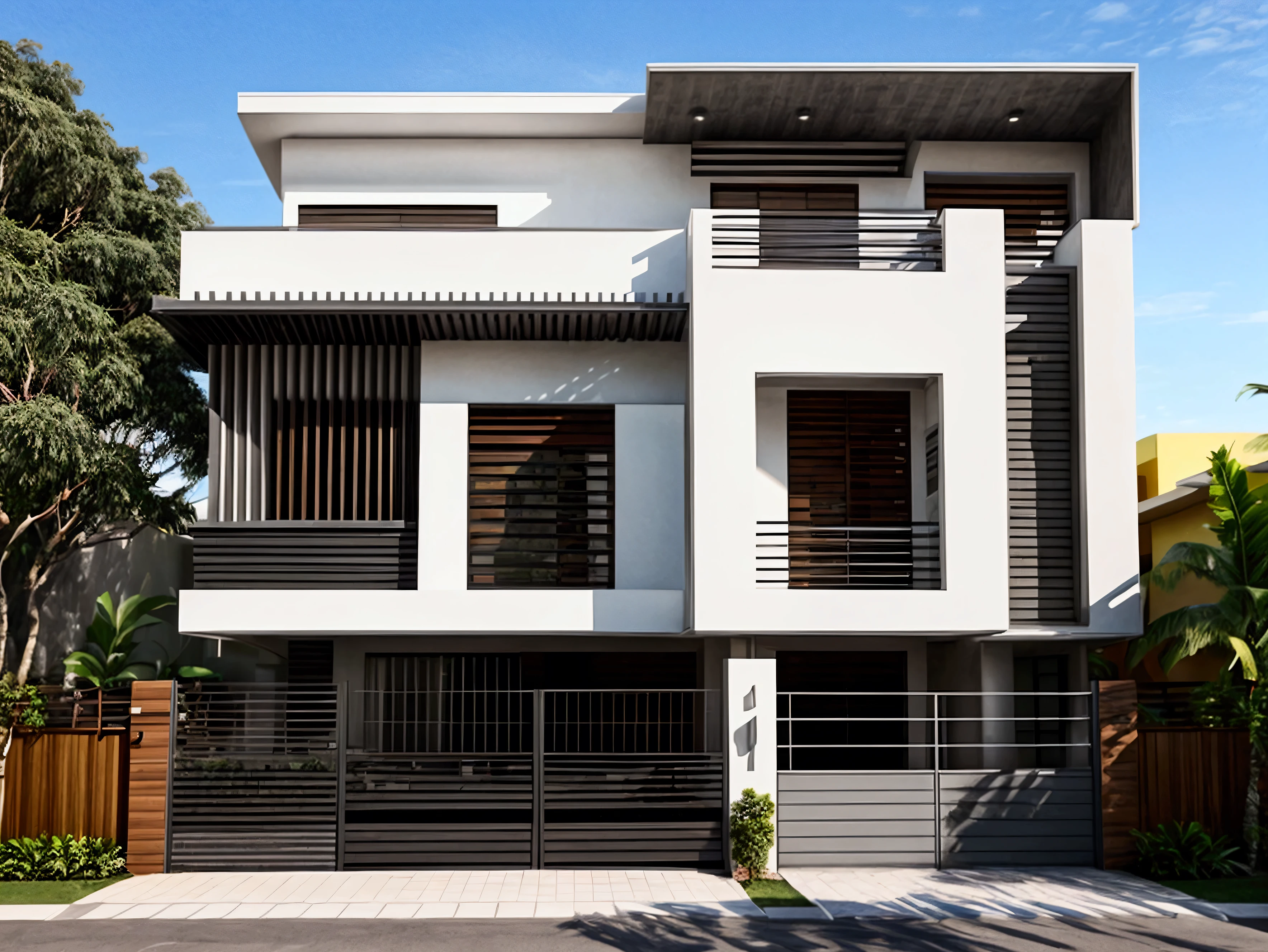 Large modern house facing a street, modern architecture house, big house, street in front of the house, (((front house))), from front view da casa, from front view, FULLY FRONT, ultra realisitic, the house is facing, the house is facing para uma rua, Condominium House, ((((from front view da casa)))), from front view !!!!