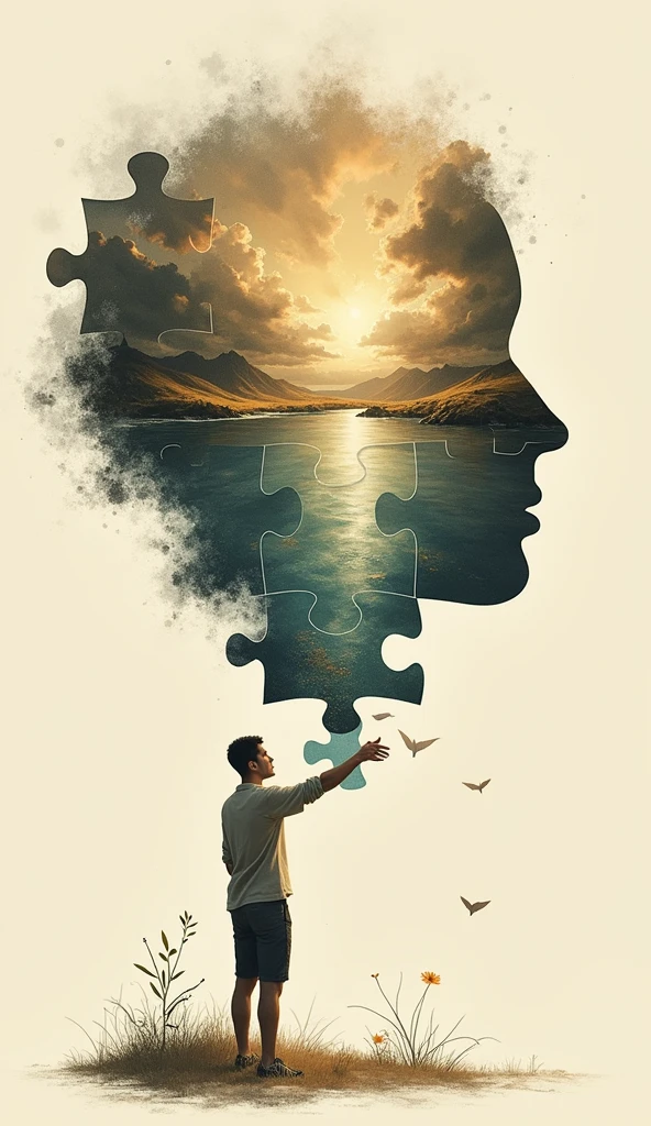 As more pieces fit into place, the puzzle transforms into a beautiful picture, representing the transformation of one's life, Illustration Drawing Stoicism