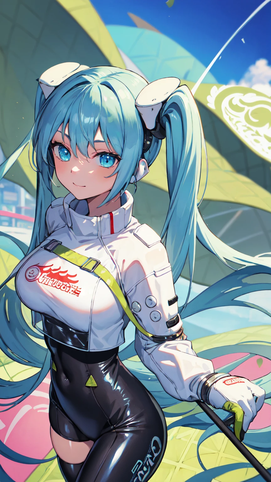 (masterpiece, Highest quality), Backlight, Lens flare, Wide Shot, Fisheye Lens , (Face Focus, Written boundary depth, close: 1.5), Super Detail, shape, colorful, (Fault Color: 1.3), (Immidshot: 1.3), video, Wide-angle, Upper Body, miku hatsune, ((Big Breasts)), Spotless, Dark green hair, Twin tails, Very long hair, Place your arms behind your back, blue eyes, Glowing Eyes, Relaxed face, eyebrow, Shiny Hair, Glowing Skin, A light smile, racing Miku, Black bodysuit, Cropped jacket, White jacket, Long sleeve, Two-tone gloves, Thigh-high boots, bright, Beautifully detailed skies, city, street