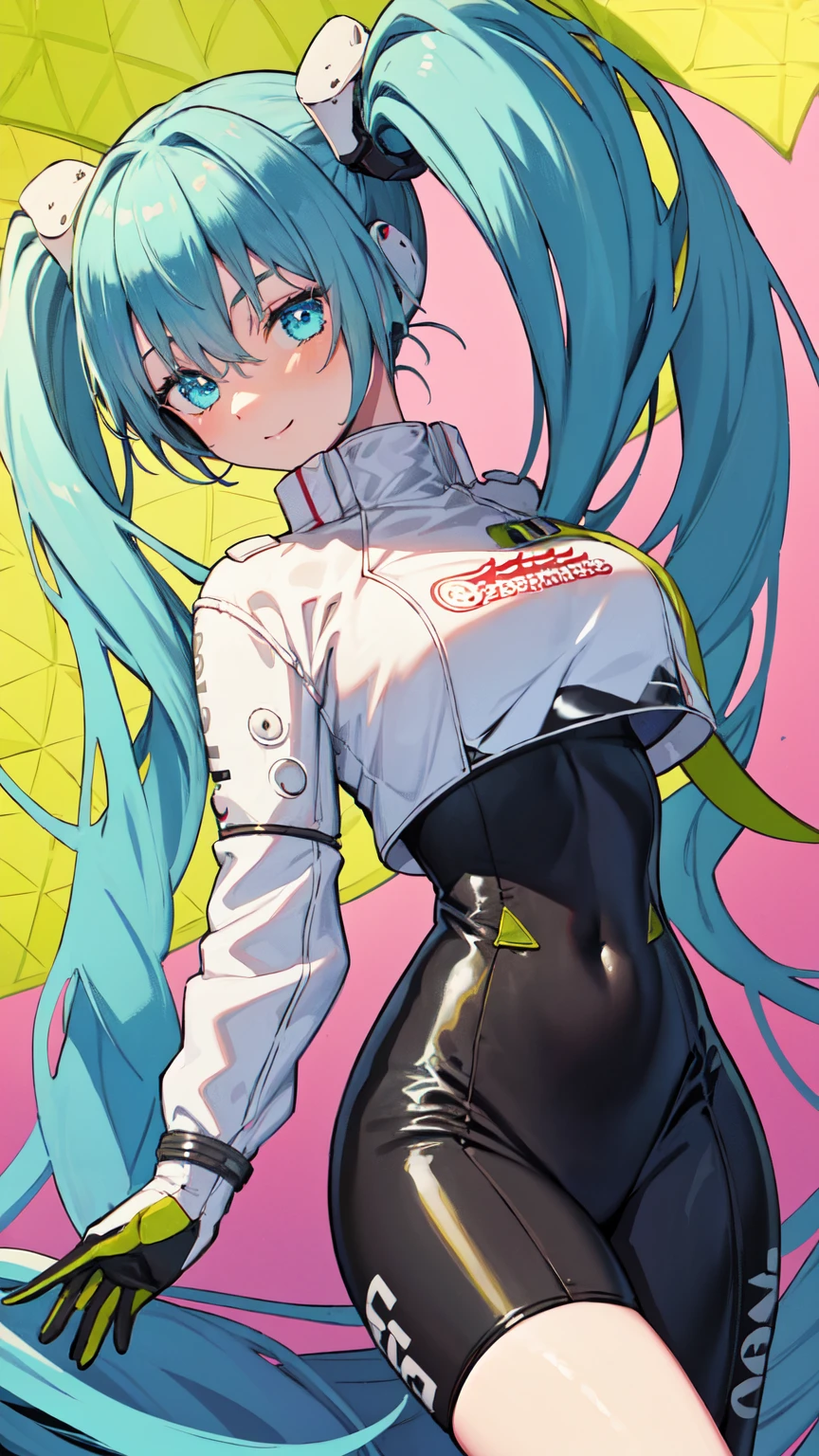(masterpiece, Highest quality), Backlight, Lens flare, Wide Shot, Fisheye Lens , (Face Focus, Written boundary depth, close: 1.5), Super Detail, shape, colorful, (Fault Color: 1.3), (Immidshot: 1.3), video, Wide-angle, Upper Body, miku hatsune, ((Big Breasts)), Spotless, Dark green hair, Twin tails, Very long hair, Place your arms behind your back, blue eyes, Glowing Eyes, Relaxed face, eyebrow, Shiny Hair, Glowing Skin, A light smile, racing Miku, Black bodysuit, Cropped jacket, White jacket, Long sleeve, Two-tone gloves, Thigh-high boots, bright, Beautifully detailed skies, city, street