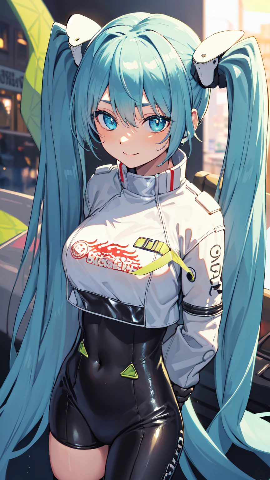 (masterpiece, Highest quality), Backlight, Lens flare, Wide Shot, Fisheye Lens , (Face Focus, Written boundary depth, close: 1.5), Super Detail, shape, colorful, (Fault Color: 1.3), (Immidshot: 1.3), video, Wide-angle, Upper Body, miku hatsune, ((Big Breasts)), Spotless, Dark green hair, Twin tails, Very long hair, Place your arms behind your back, blue eyes, Glowing Eyes, Relaxed face, eyebrow, Shiny Hair, Glowing Skin, A light smile, racing Miku, Black bodysuit, Cropped jacket, White jacket, Long sleeve, Two-tone gloves, Thigh-high boots, bright, Beautifully detailed skies, city, street