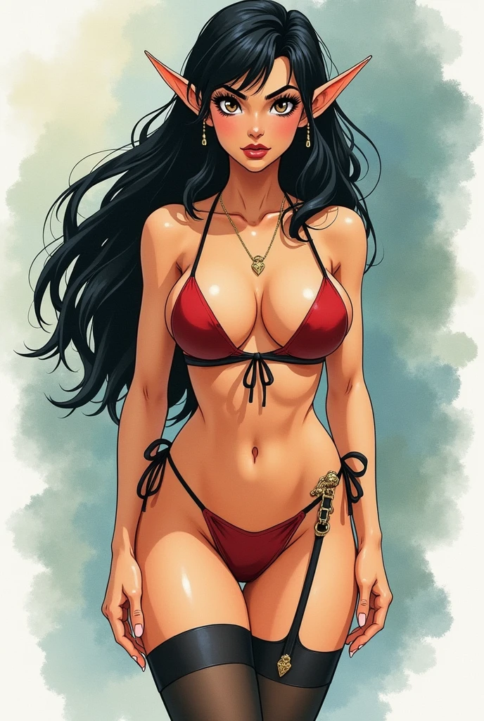 Watercolour, 1980s anime, latina, milf, female elf, mature face, black eyeliner, pelvic curtain, thighhighs, skindentation, curvy, cleavage bikini 