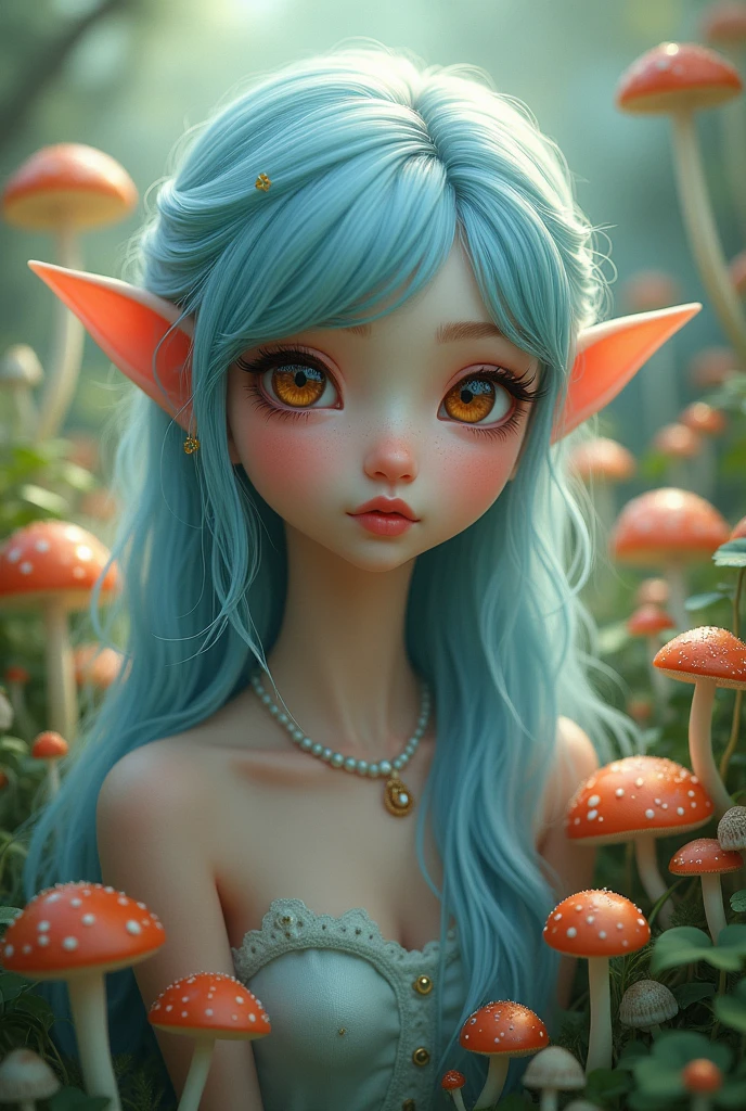 A fairy with a baby blue hair and an elf ears in a mushroom land portrait