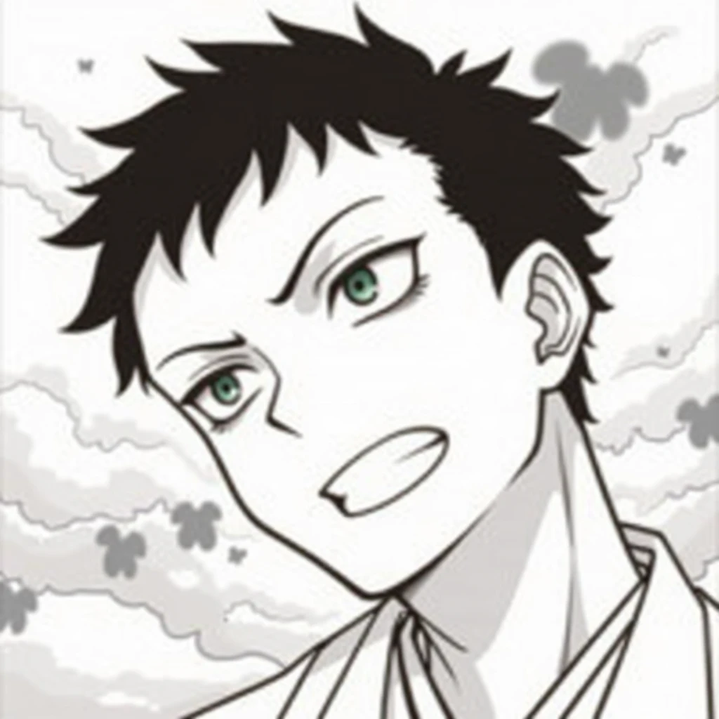 a handsome Japanese anime man with green eyes, slightly furrowed brows, short messy black curly hair, a slim but muscular build with beautiful muscle lines, dark circles under his eyes, 178cm tall, wearing a black japanese-style coat with a black inner layer, (best quality,4k,8k,highres,masterpiece:1.2),ultra-detailed,(realistic,photorealistic,photo-realistic:1.37),intricate details,extremely detailed facial features,highly detailed character portrait,dramatic lighting,cinematic composition,vibrant colors