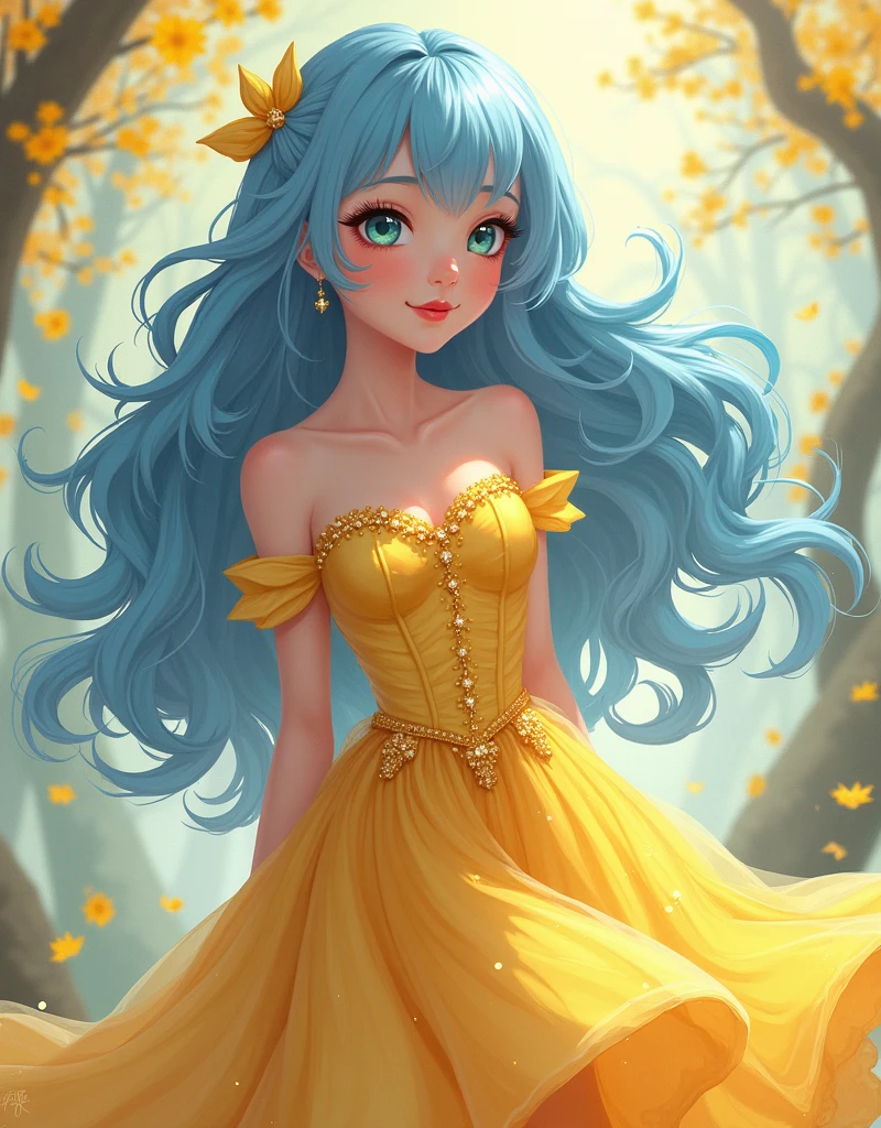 Light blue hair, turquoise eyes, long eyelashes, big red lips, apricot eyes, anime a digital painting, beauty, girly, curly hair, princess, wearing Yellow dress, yellow glitter ✨, full body portrait, comic illustration in the style of Jim Lee --ar 2:3 --v 6.0 designed digital art, trending digital fantasy art,stephen lau and artgerm, as seen on artgerm, artgerm julie bell beeple, stanley artgerm lau, artgerm and ben lo, portrait of , artgerm on artstation pixiv