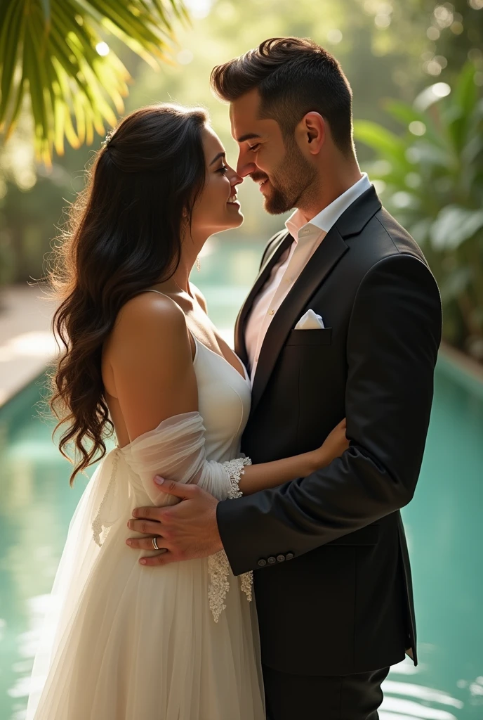 beautiful woman wearing a white wedding dress, handsome man, people in background girl with dark brown eyes, 28 years old, woman in a stylish whit one-piece swimsuit and a cover-up, plus size body, and naturally long wavy hair. High resolution, masterpiece, best quality, complex details, highly detailed, sharpness, detailed skin texture, eye details, profession, 4k resolution, charming smile, shot with Canon, depth of field, Kodak Vision color, 100kg, extremely detailed, ultra-realistic photography, photo realistic, post processing, maximum detail, true to life, Instagram model, ((réalisme photographique)) (belle) (photo instagram) (nuit), , detailed faces, photorealistic, 8k, high quality, cinematic lighting, intricate details, elegant, romantic, ethereal, soft colors, warm tones, glowing skin, flowing hair, tender moment, intimate, loving couple, candid, natural poses, serene atmosphere, picturesque setting, lush greenery, out of focus background, stunning composition
