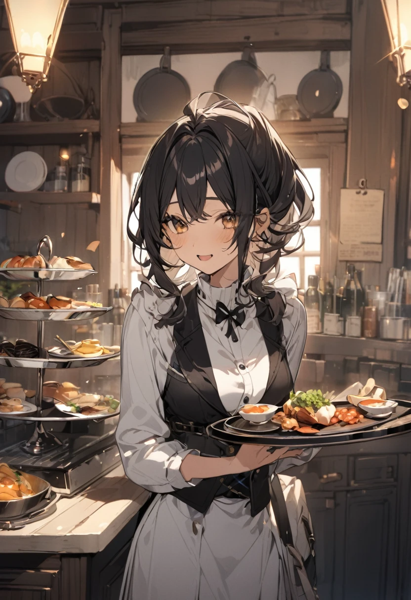 (fantasy:1.5),(anime,8k,masterpiece, top quality, best quality,beautiful and aesthetic:1.2,professional illustrasion:1.1,ultra detail:1.3,perfect lighting),extremely detailed,highest detailed,incredibly absurdres , highres, ultra detailed,intricate:1.6,(Alchemy Workshop:1.4),A girl mixing,Medicine in many small bottles,holding small potion,colorful:1.4,zentangle,(1girl),(girl),(Three kingdoms female warload),(highly detailed beautiful face and eyes,firm breasts),oily skin,((black,hair,short bob with short pony tail hair)),thin pubic hair,cute,lovely,34 years old,alchemist costume,Merchant's Clothing,smile,in the kitchen,smile,seductive weak smiling,(with sparkling eyes and a contagious smile),open mouth, Looking at Viewer,