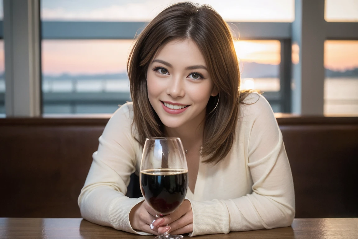((Highest quality、8k、masterpiece:1.3))、slimカップル、modelカップル、(Realistic, Intricate details:1.2), Japanese sake、Sake cup、White wine、Japanese food、Buckwheat、Japanese sake、Shochu 、Amazing view of the sunset sky and clouds、A bright smile、The wonderfulness of smile、Bright image、Beautiful Face, blue eyes, The light shines on your face, blush, short hair,Bright Face、 (Age 37), Age 34, sparkling wine、Two beauties、Brown Hair、Shortcuts、Long sleeve shirt、dress、Beautiful woman 1, (slimな顔), (The body is slim), (Brown Hair), (Shortcuts), cheeks turn a little red,Attractive beauty、restaurant, In a prominent place (From the waist up) Nova Frog Style, actress, model, Upper Body, White wine, slim, smile, (smile: 1.15), Beautiful fine grain, Depth f/2,saturation, High Contrast, Strong light and shadow,Moist Body:1.5、3D texture、Delicate eyes、Brown Hair、The hair is very shiny、
