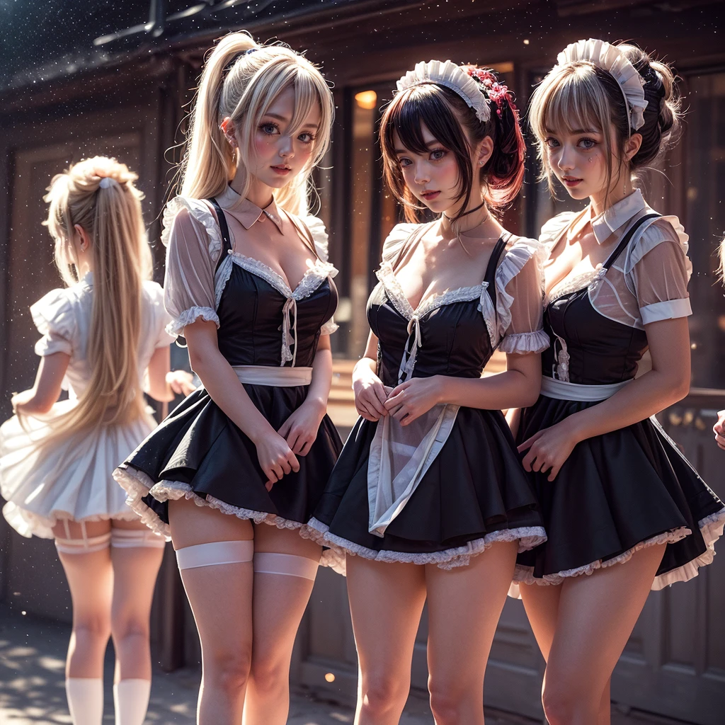 (Full Body of Extremely Detailed((Kawaii Maid Group in a row:1.37))), Cute perfect face, Reflective Eyes, Detailed(Delicate Clothing textures), Correct Leg Line, Dynamic Joyful Expressions LifeLike Rendering, Specular Reflection, TopQuality 8K Ultra-detailed masterpiece (ProfessionalPhoto:1.37), (Acutance:0.8), (Luminism:1.28), (Renaissance art style), Colorful Light particles, ((Full body from side)), {MicroMini Skirt|Kissing|Breast Lifting|Undressing|Thigh Gap|AssFocus}, Radiant Fine Skin with Transparency, (Exposed:0.5), (Different types of Anime hair color){Pink Hair|Blue Hair|Platinum Blonde|Pure White Hair|Liquid Hair}, Perfect Lighting