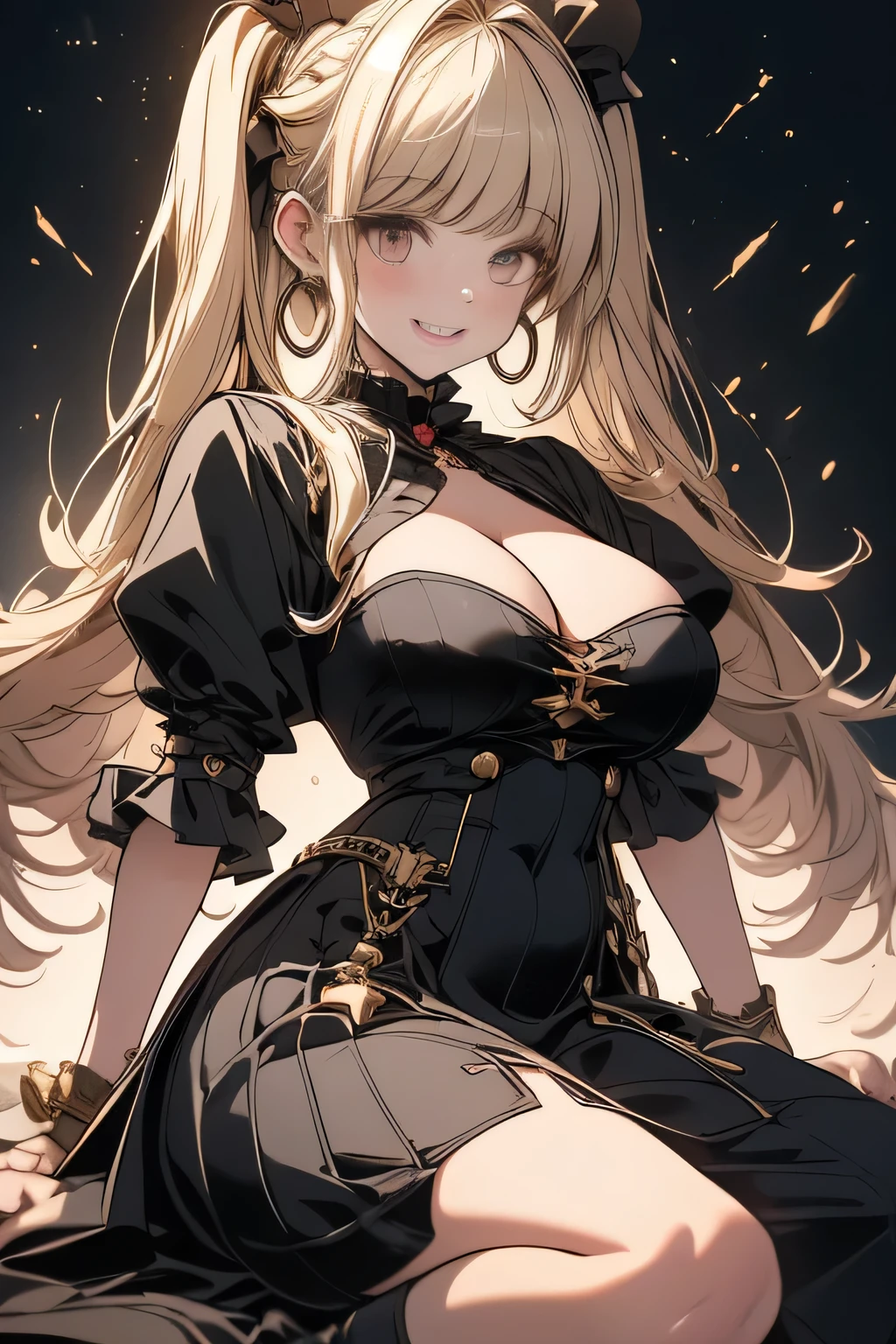 (8k,High resolution,masterpiece, accurate, Anatomically correct, Winner of numerous awards, 最high quality, High-resolution model, high quality, High detail, Very detailed:1.3)One person,Big eyes,Drooping eyes,Blushing,Hilda Hopes, smile,View your viewers, Hair Bun,blonde,Twin tails,dress, Red gloves, boots, Hoop Earrings,Large Breasts, (Cleavage)