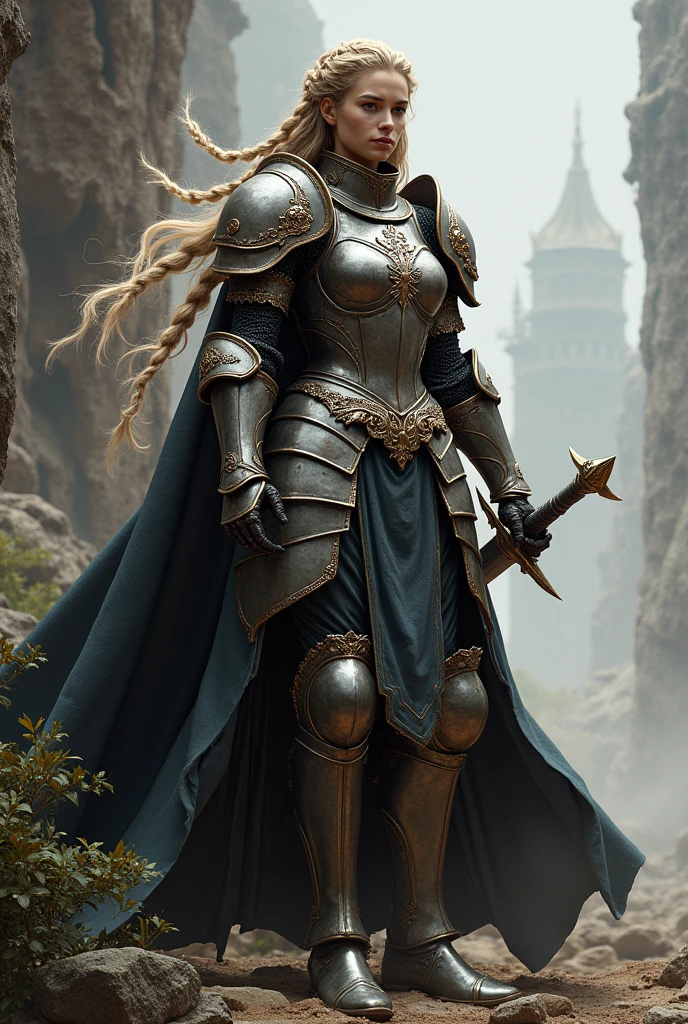 fantasy human female with braided hair in knight armour ian mccaig style