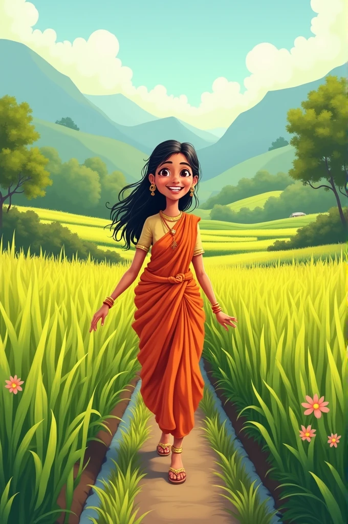 Create a cartoonist character of Indian women walking through paddy field, create in warm tone