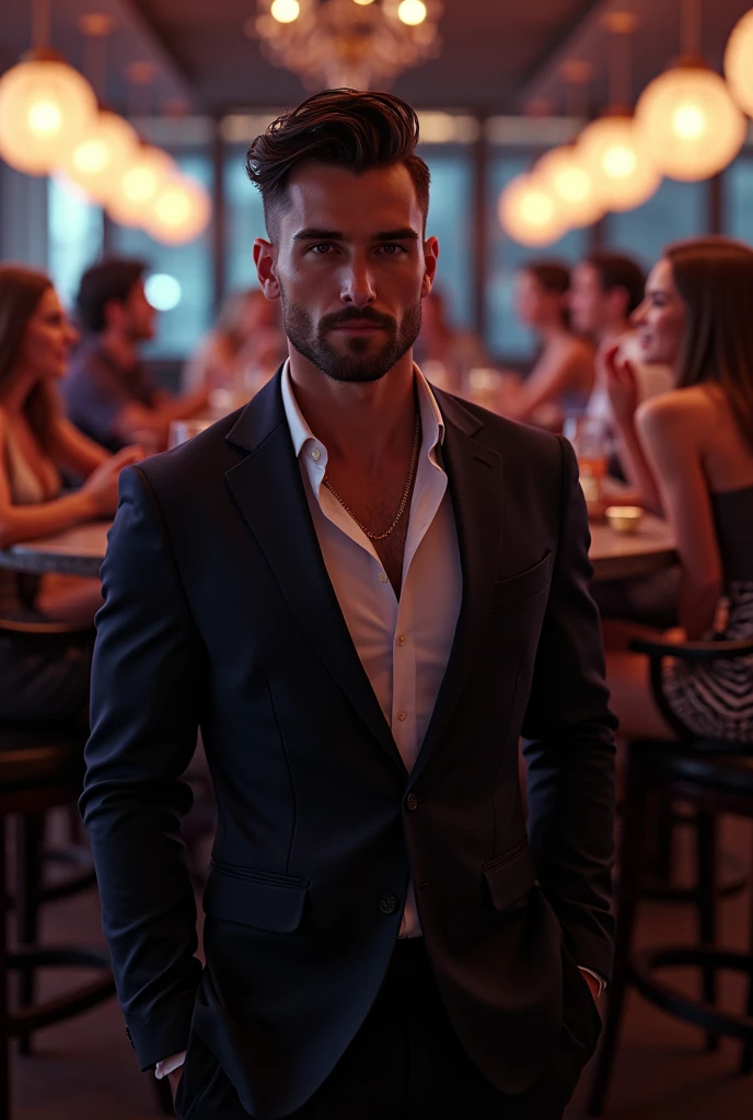 Handsome guy, hasn't beard, at night club with his friends and drink some alcohol, look at me.