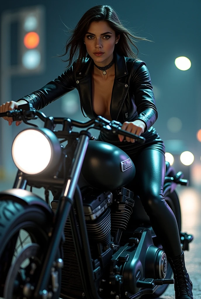 The image shows a woman riding a motorcycle with a bright headlight, wearing a black leather outfit and a choker.
