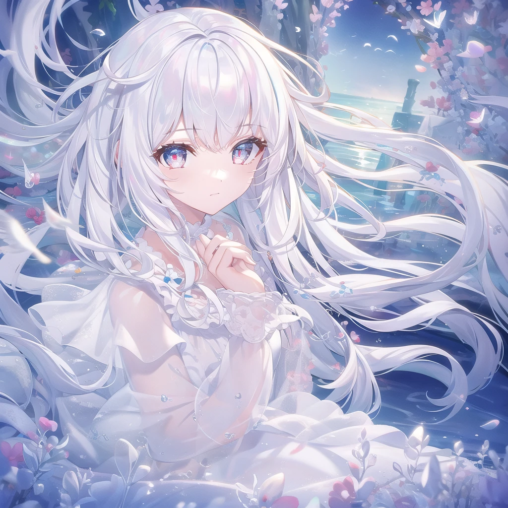 ((masterpiece, best quality))++, Detailed lighting+,  Detailed hair+, Detail hand+ ,1 girl, Miss, Long hair,   Crimson eyes,  beautiful eyes, young white hair,,(Beautiful white hair:1.5),(Beautiful and delicate eyes),  high resolution+,glass tint, Reflective eyes,   {{angle}} , Very detailed wallpaper, The original, Air bangs，Extremely beautiful CG，Firefly，Nature，ocean