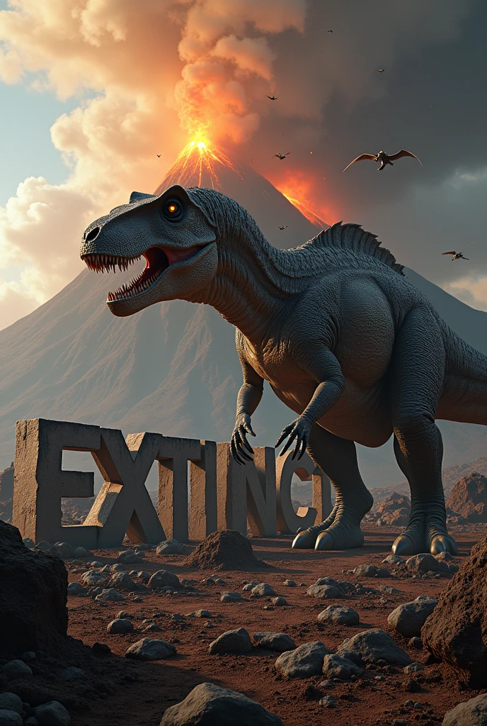 Generate an image with a dinosaur with a stone text that says extinct, with a volcano background and fire skeleton rain