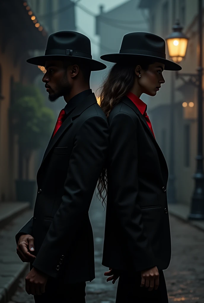 Create a black man in a black suit and hat with a red tie, from beside, make a woman in a black suit with red details and a hat. Do both in a dark street, at night. The image needs to evoke mystery and religion.