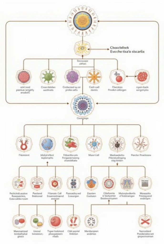 Develop a flowchart summarizing the organization of connective tissue, containing its components (cells and extracellular matrix). Highlight resident and transient cells with their functions, as well as fibers and their composition.