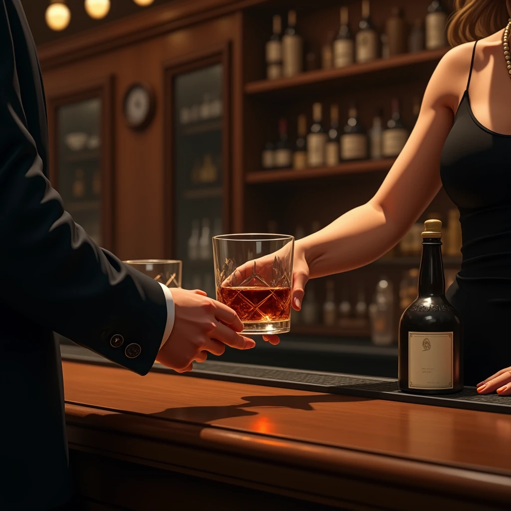 Bar counter, man's hand in a suit, female bartender's hand handing over a rock glass, female bartender's bare arm