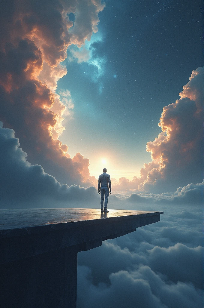A figure in a reflective, silver suit stands alone on a floating platform in the middle of a starry expanse. The platform is surrounded by swirling nebulae and distant star clusters, creating a surreal sense of isolation amidst the vastness of space.