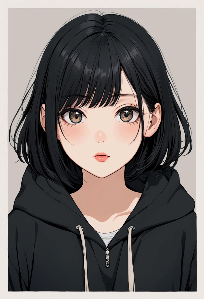 female、Long Black Hair、Oversized black hoodie、cool、Slanted Eyes、Front of face、It's like a passport photo、Stylish、Miniskirt