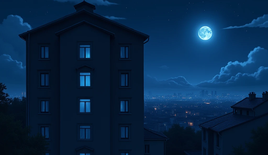 A four-story apartment building,Residential Street,City,midnight,Starry Sky,moon,a single window with a blue light on,The other windows are dark.,Anime Style, Drone photography,High resolution, Anti-aliasing