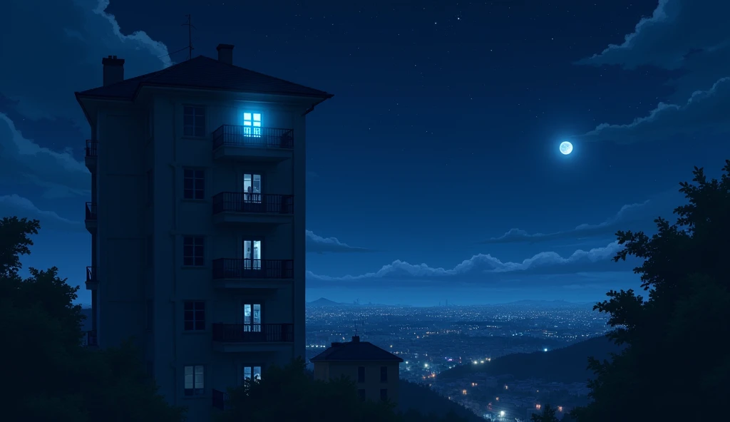 A four-story apartment building,Residential Street,City,midnight,Starry Sky,moon,a single window with a blue light on,The other windows are dark.,Anime Style, Drone photography,High resolution, Anti-aliasing