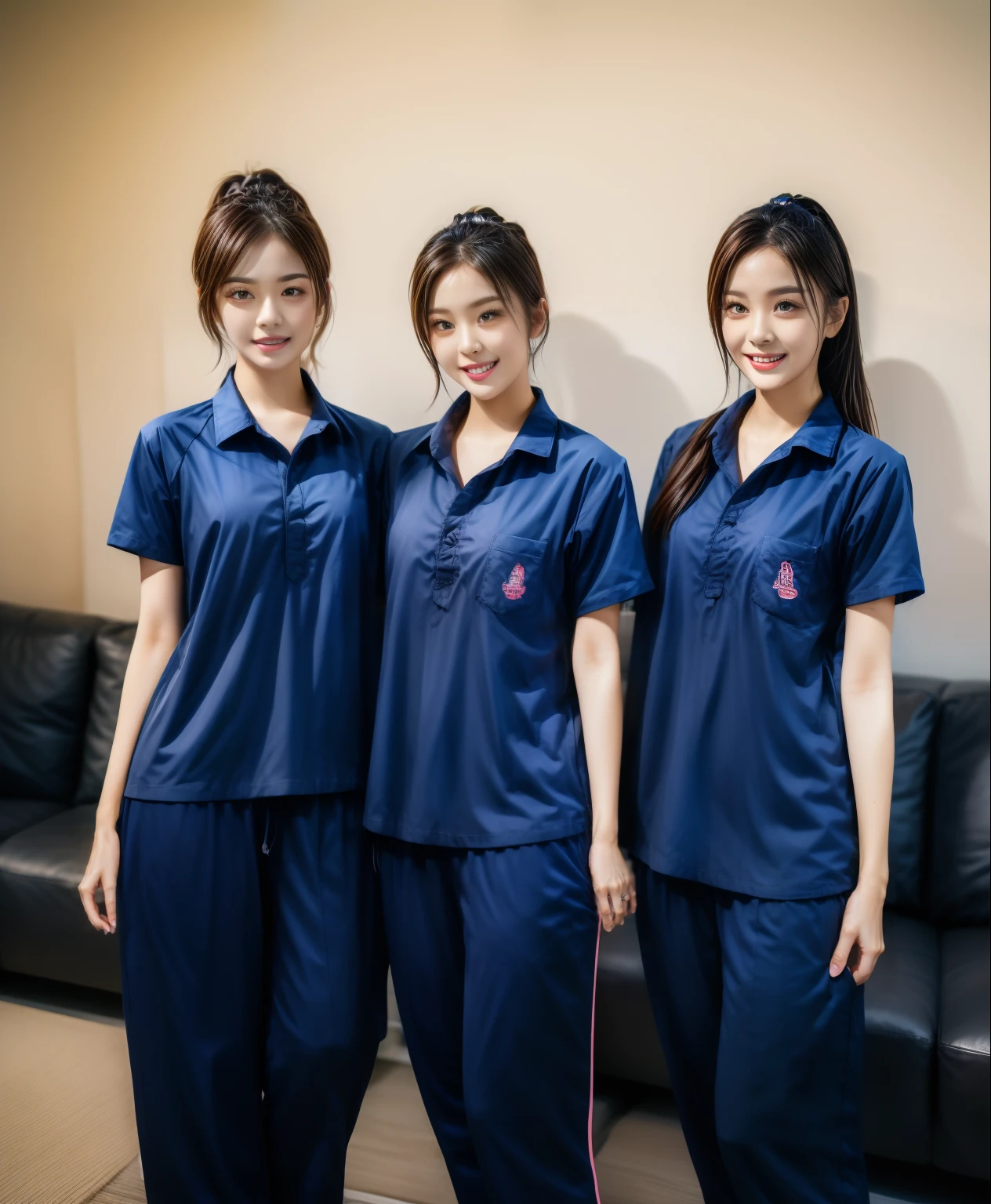 3 girls lie about on sofa living room, Navy blue short-sleeved shirt,Navy Long Trackpant,Sweatpants, Sweatpantsขายาว,25 year old girl, lesbian, sexy, exercise clothes, wet body, exercise clothes