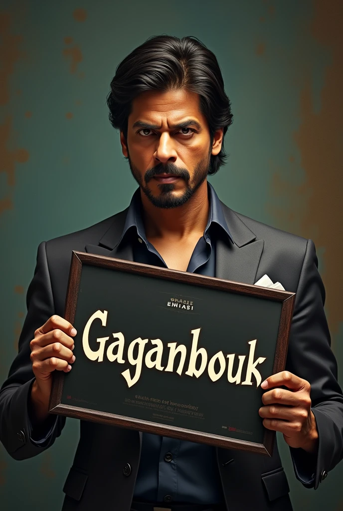 Shahrukh Khan is holding a poster with the name Gaganbouk written on it.