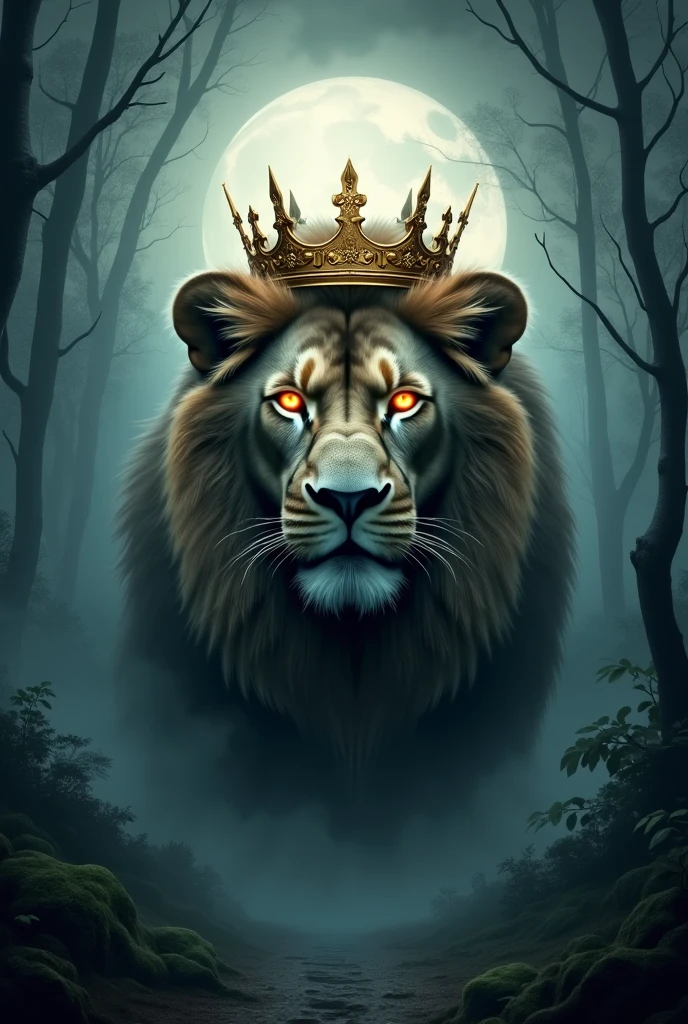Lion head,crown,black,gold,moon,stormy fog,mystical touch,DARK mystic forest in Background