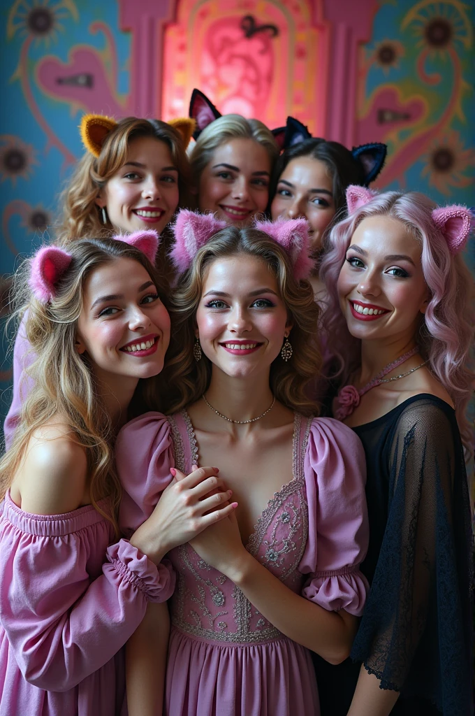 I'm taking photos for a new concept album. Create a Cheshire style girl group concept photo 