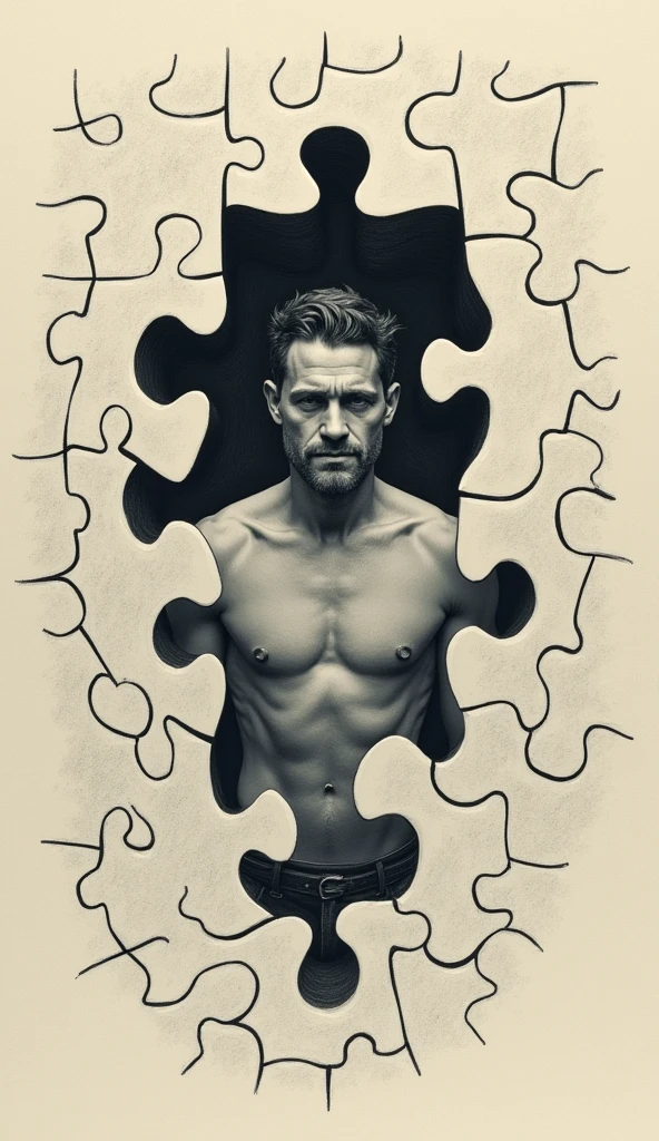 A person is revealed inside the puzzle, representing the individual taking control of their life, Illustration Drawing Stoicism