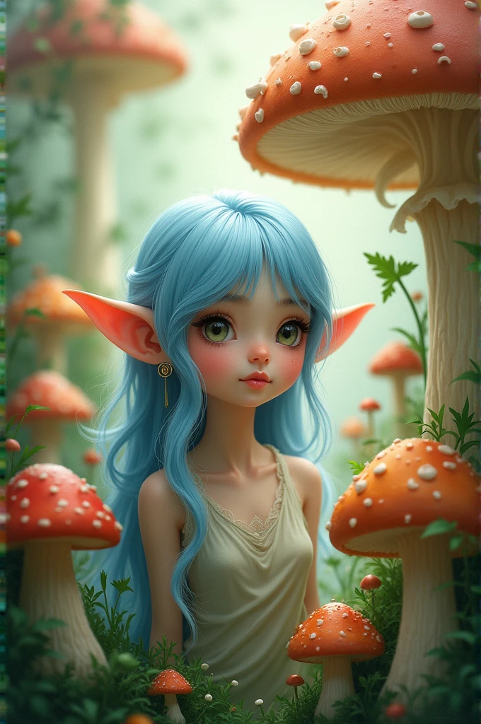 A fairy with a  blue hair and an elf ears in a mushroom land portrait