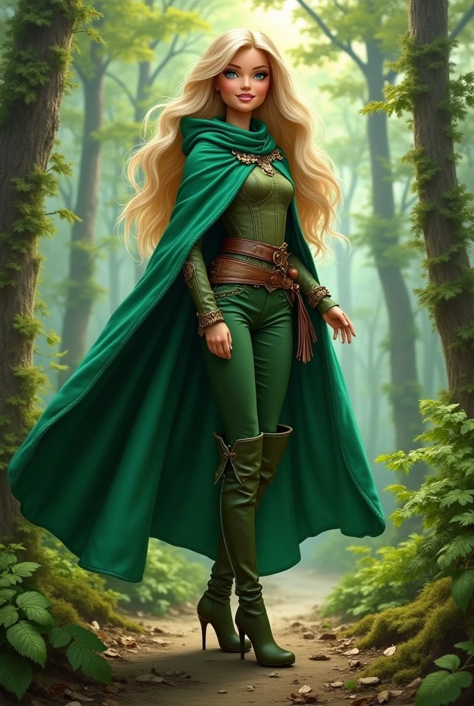 an oil painting of Barbie as fantasy ranger, ultra detailed face, ultra feminine, wearing green cloak, green pants, high heeled boots, in  a forest, D&D art, RPG art, ultra best realistic, best details, best quality, 16k, [ultra detailed], masterpiece, best quality, (extremely detailed), ultra wide shot, photorealism, depth of field, hyper realistic painting