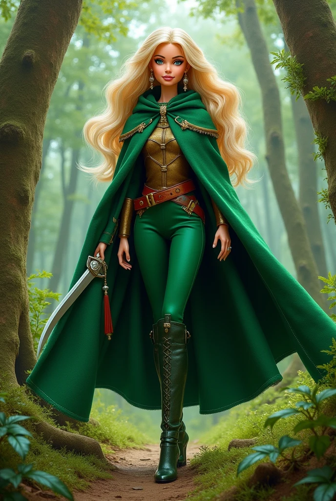 an oil painting of Barbie as fantasy ranger, ultra detailed face, ultra feminine, wearing green cloak, green pants, high heeled boots, in  a forest, D&D art, RPG art, ultra best realistic, best details, best quality, 16k, [ultra detailed], masterpiece, best quality, (extremely detailed), ultra wide shot, photorealism, depth of field, hyper realistic painting