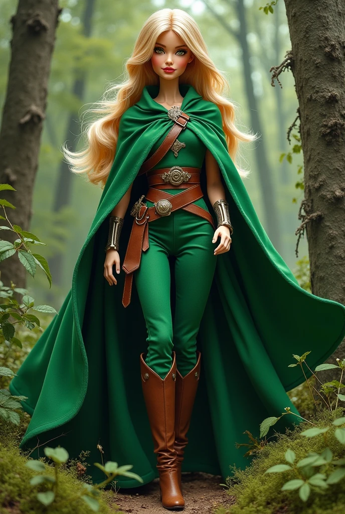 an oil painting of Barbie as fantasy ranger, ultra detailed face, ultra feminine, wearing green cloak, green pants, high heeled boots, in  a forest, D&D art, RPG art, ultra best realistic, best details, best quality, 16k, [ultra detailed], masterpiece, best quality, (extremely detailed), ultra wide shot, photorealism, depth of field, hyper realistic painting
