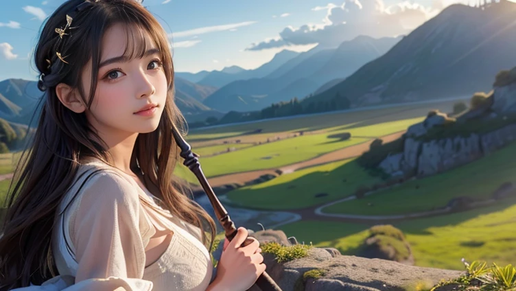(8k, RAW photo, best quality, masterpiece), (photorealistic), outstanding details, ultra-high resolution, anatomically correct, textured skin, (Extremely precise and accurate anatomy),
Ultra Detailed Face, Detailed Eyes, 
look at viewer, 

(close shot, long shot mix and match:1.2),

One girl, (shepherd girl) , Cute Japanese girl , 20-year-old, 
(light smile),  (Mouth slightly open) , holding a Shepherd's Crook, 
Side braids, Brown Hair,
curvy, beautiful breasts, 

(Hilly pasture), many sheep, Beautiful mountains in the distance, grassland, wilderness,  

Background blur, far and near method, 
morning sun, (backlighting), 
reflection light from below, 
atmospheric perspective, depth of field, 
(dramatic lighting), cinematic lighting, 
Artistic, Baroque, Cinematography, 
