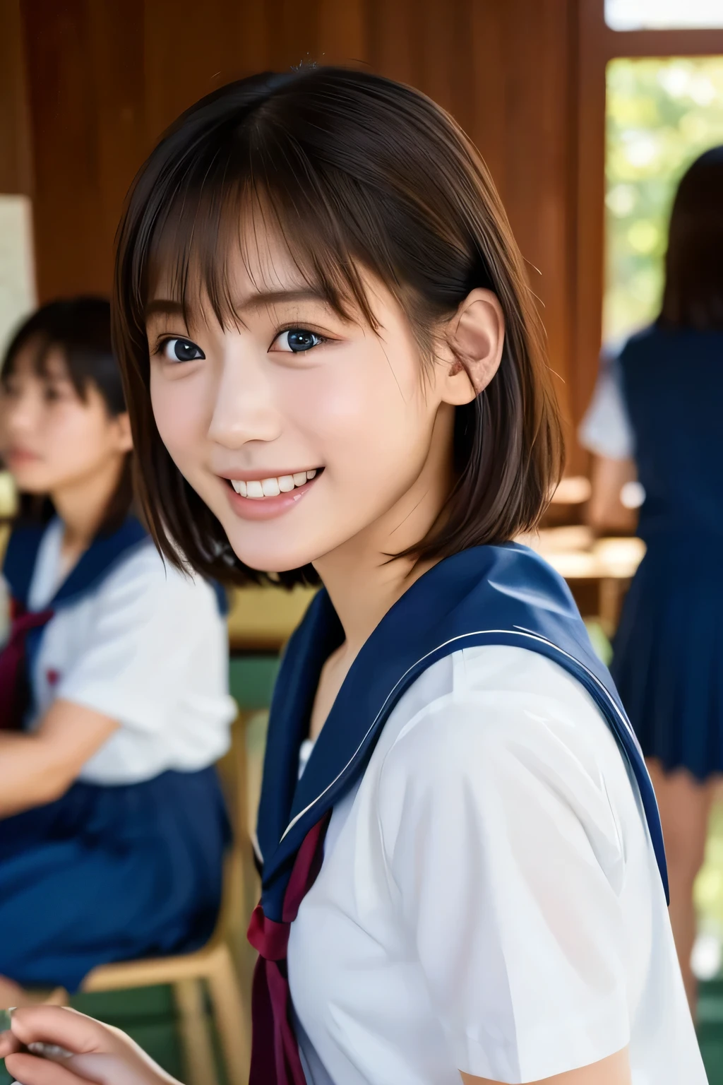 (A beautiful girl talking to her friends:1.3), (Highest quality:1.4), (Very detailed), (Very detailed美しい顔), Laughing with your mouth open, (Baby Face:1.3), School uniforms, Short-sleeved sailor suit, Take a seat, Great face and eyes, iris, Medium Hair, The Beauty of Japan, (Skinny body type:1.3), (Flat Chest:1.3), (Face close-up:1.2), classroom, Classmates behind, Smooth, Very detailed CG synthesis 8k wallpaper, High-resolution RAW color photos, Professional photography, Light, BackLight, dream-like, impressive, Written boundary depth, School zone, (Shot from afar and to the side:1.3)