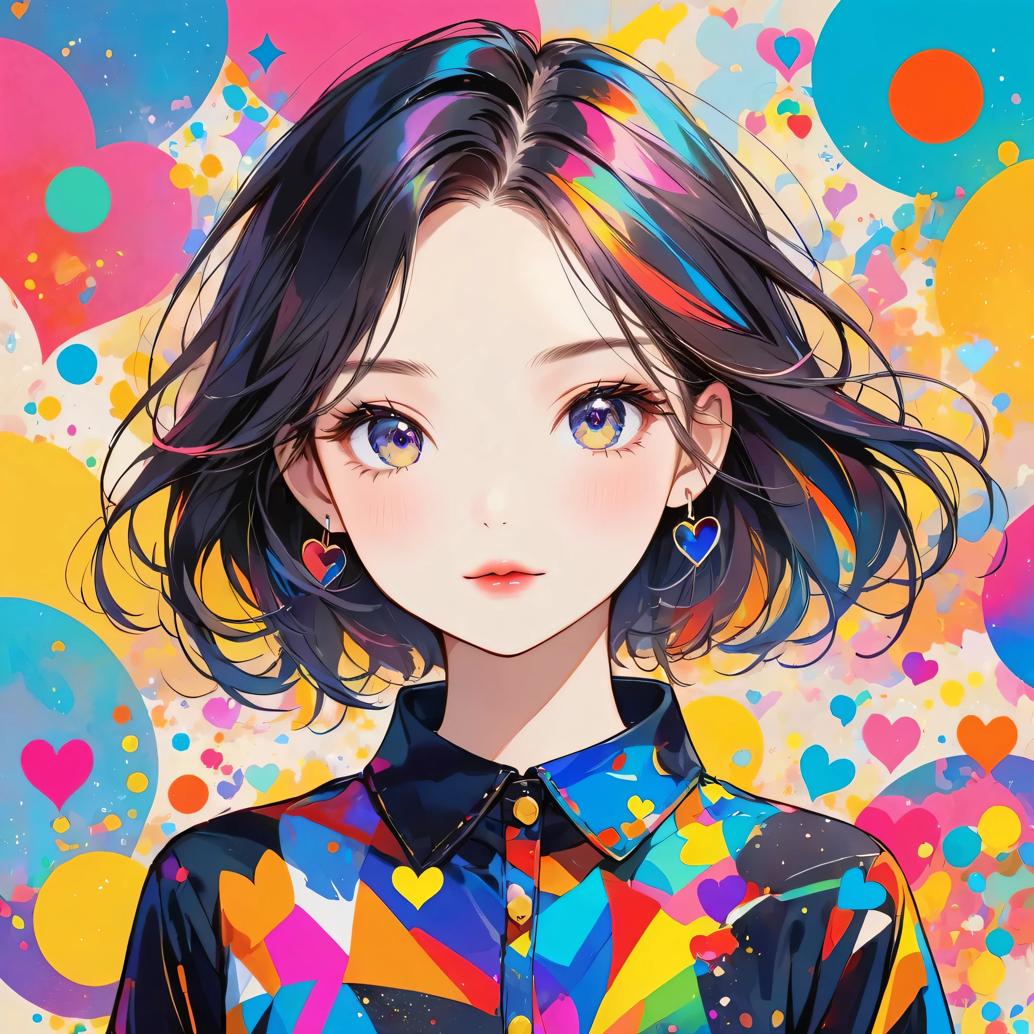 Mika Pikazo colorful style, Simple Line Initialism,Abstract art,Urban Background, (((The most beautiful girl of all time))), Sweet face. Lips in love, colorful hearts, stylish design, (((黒い瞳)))