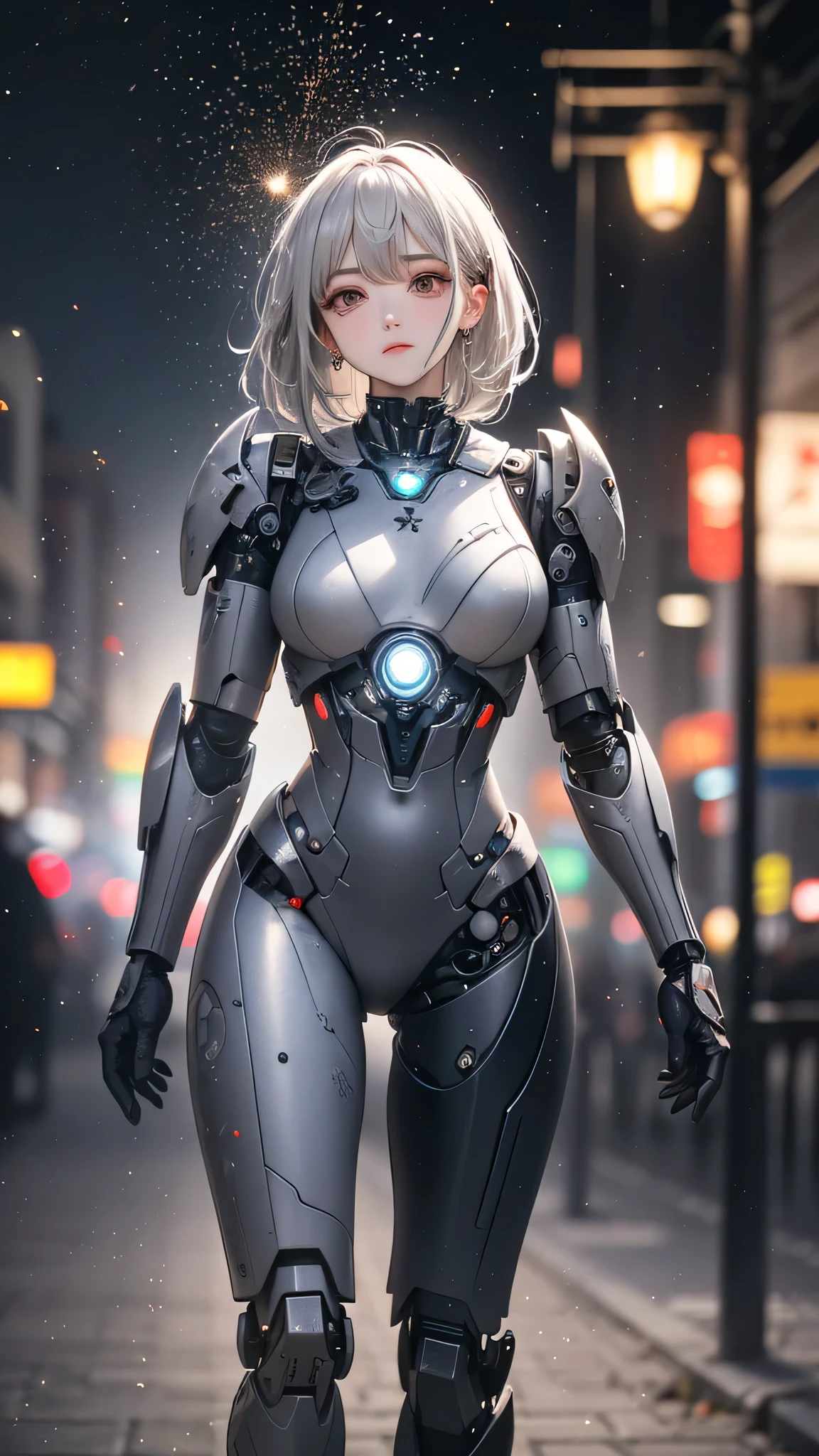 ((Film Grain, Bokeh, Particles of light ,Dust particles, Extreme camera angles.)), Dynamic pose, Full body photo of a young and attractive broken cyborg woman, Raise your eyebrows, night, Street lamp, Grey Hair