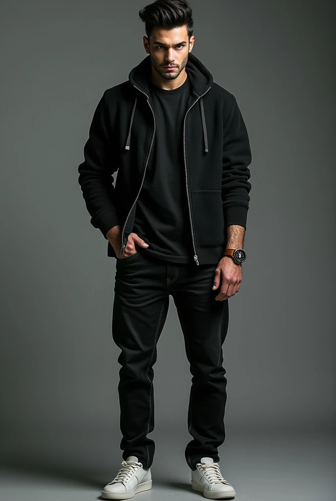 Create a photo of a man with black hair, stark, beardless, with piercing gaze. He is wearing black jeans, a t-shirt and a zip-up fleece jacket only on top, white sneakers and a brown strap watch. 