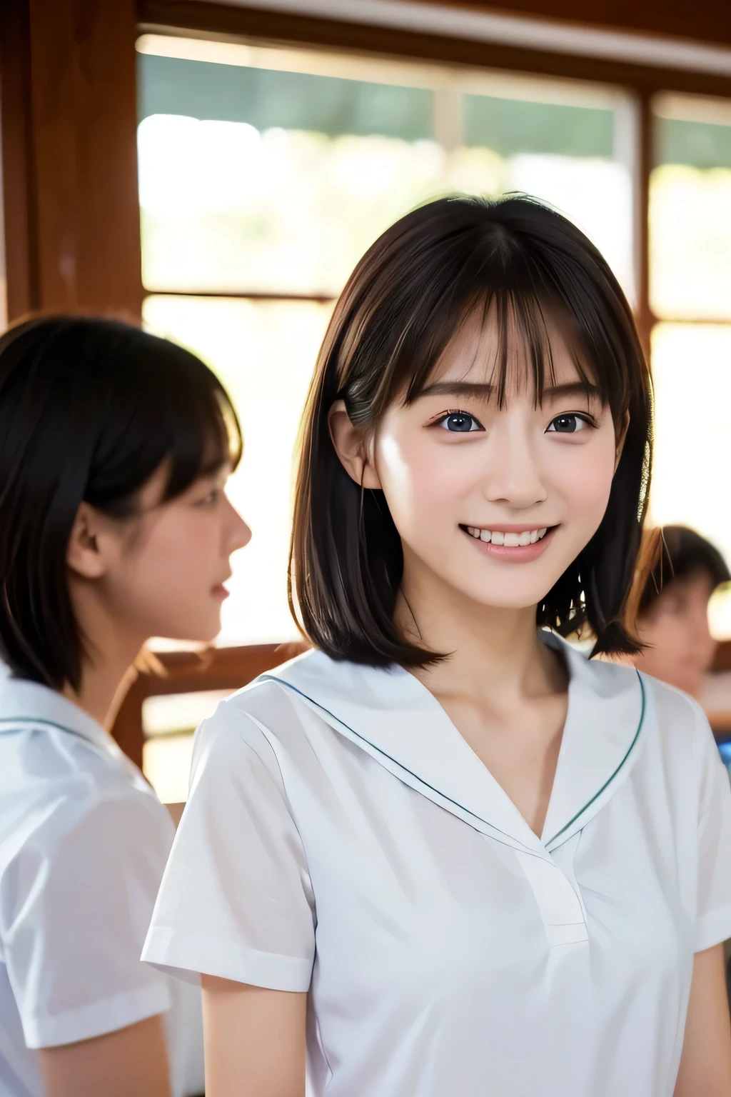 (A beautiful girl talking to her friends:1.3), (Highest quality:1.4), (Very detailed), (Very detailed美しい顔), Laughing with your mouth open, (:1.3), School uniforms, Short-sleeved sailor suit, Take a seat, Great face and eyes, iris, Medium Hair, The Beauty of Japan, (Skinny body type:1.3), (Flat Chest:1.3), (Face close-up:1.2), classroom, Classmates behind, Smooth, Very detailed CG synthesis 8k wallpaper, High-resolution RAW color photos, Professional photography, Light, BackLight, dream-like, impressive, Written boundary depth, School zone, (Shot from afar and to the side:1.3)