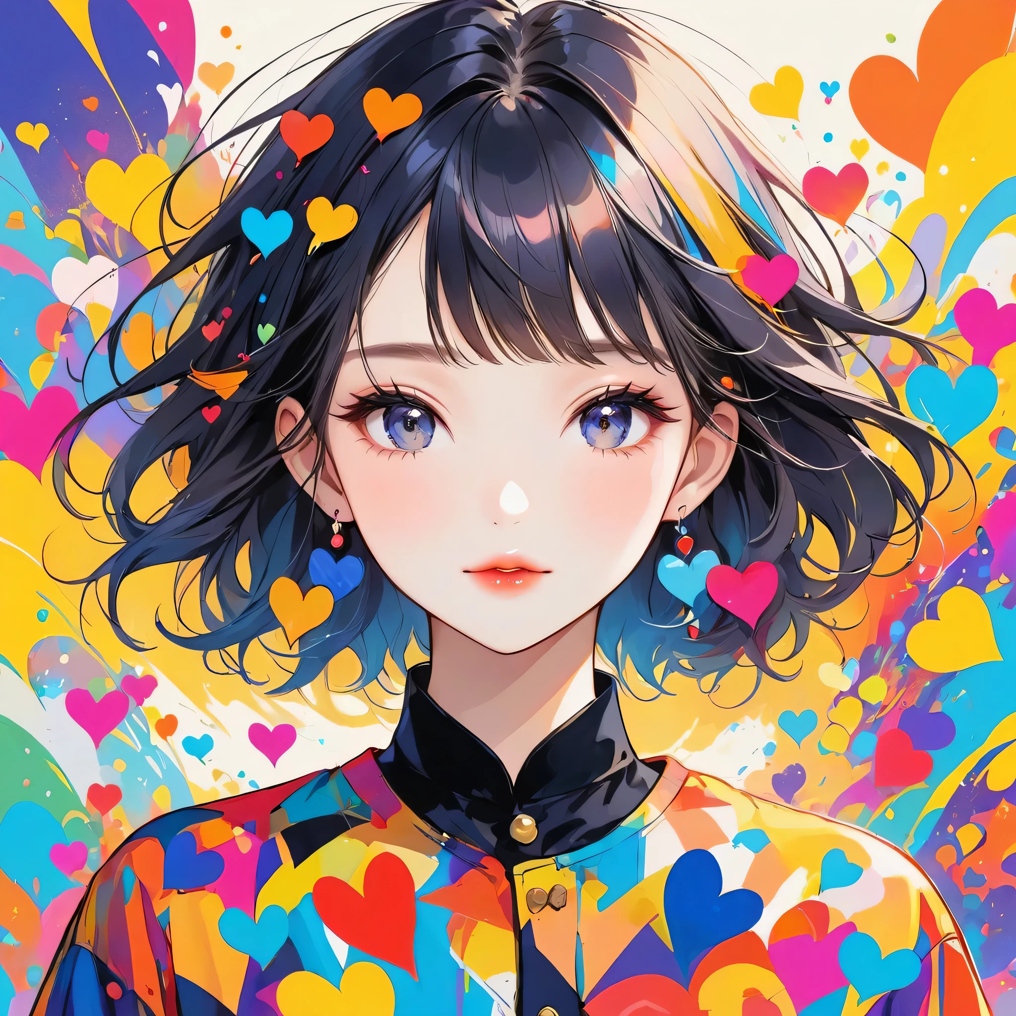 Mika Pikazo colorful style, Simple Line Initialism,Abstract art,Urban Background, (((The most beautiful girl of all time))), Sweet face. Lips in love, colorful hearts, stylish design, (((黒い瞳)))